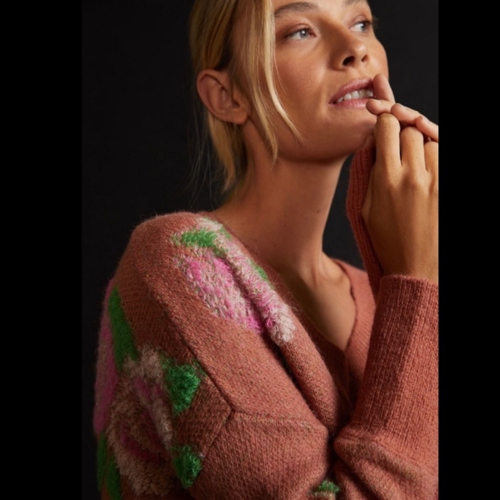 Anthropologie Drop Shoulder Floral Rose V-Neck Sweater - Picture 14 of 14